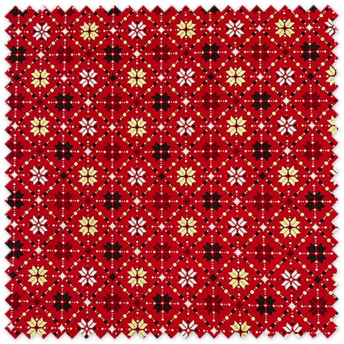 Flor Navidad con lurex dorado sobre fondo rojo, ideal para decoración navideña, caminos de mesa, cojines y costura creativa
