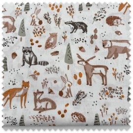 Retal 0,60m Algodón 100% Animales del Bosque Verde y Tierra, tela infantil para costura, patchwork y complementos.