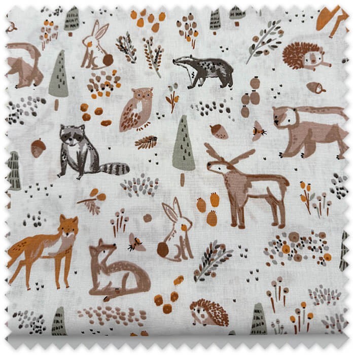 Retal 0,60m Algodón 100% Animales del Bosque Verde y Tierra, tela infantil para costura, patchwork y complementos.