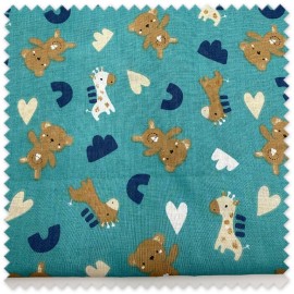 Retal 0,60m Algodón 100% Osos y Jirafas Fondo Turquesa, tela infantil para bebés, costura, patchwork y complementos.