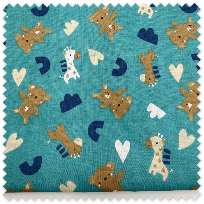 Retal 0,60m Algodón 100% Osos y Jirafas Fondo Turquesa, tela infantil para bebés, costura, patchwork y complementos.
