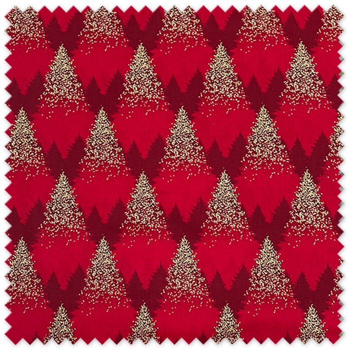 Tela Algodón 100% Árboles Fondo Rojo Lurex Navidad para decoración y costura