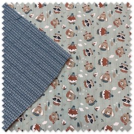 Tela Acolchada Doble Cara Animales Gorros Fondo Menta y Hojas