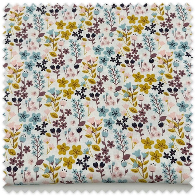 Retal 0,75m Algodón 100% Flores Moradas, Rosas, Azules y Mostaza para confección y patchwork