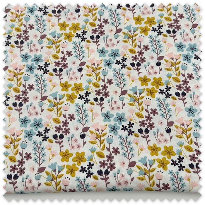 Retal 0,75m Algodón 100% Flores Moradas, Rosas, Azules y Mostaza para confección y patchwork