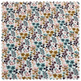 Tela Algodón 100% Flores Moradas, Rosas, Azules y Mostaza para confección y costura floral
