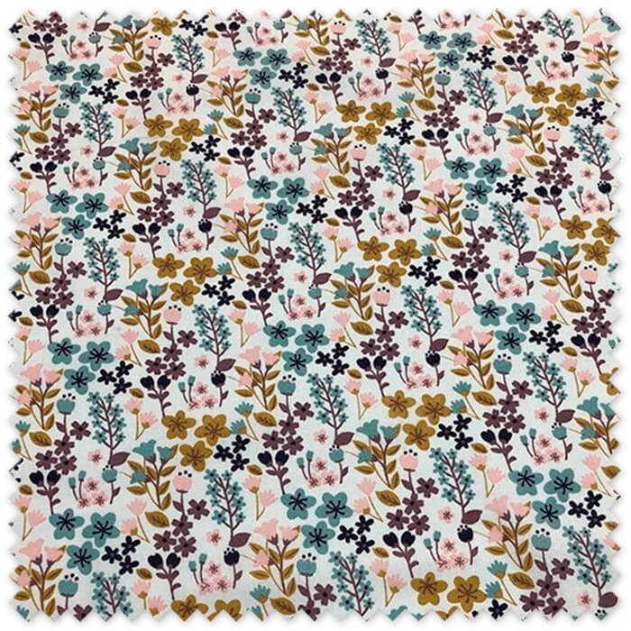Tela Algodón 100% Flores Moradas, Rosas, Azules y Mostaza para confección y costura floral