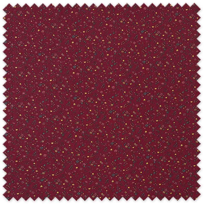 Tela Popelín Mini Flor Amarillo, Turquesa y Rosa Fondo Granate para confección y costura