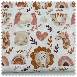 Retal 0,70m Popelín Animales Tonos Empolvados y Tierra para costura infantil y patchwork