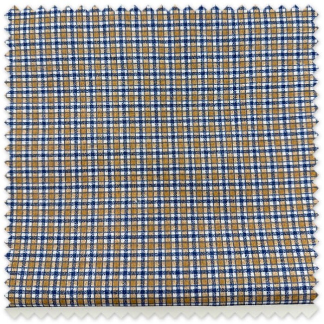 Retal 0,60m de tela popelín con estampado de cuadros marrones y azules para costura creativa y confección.