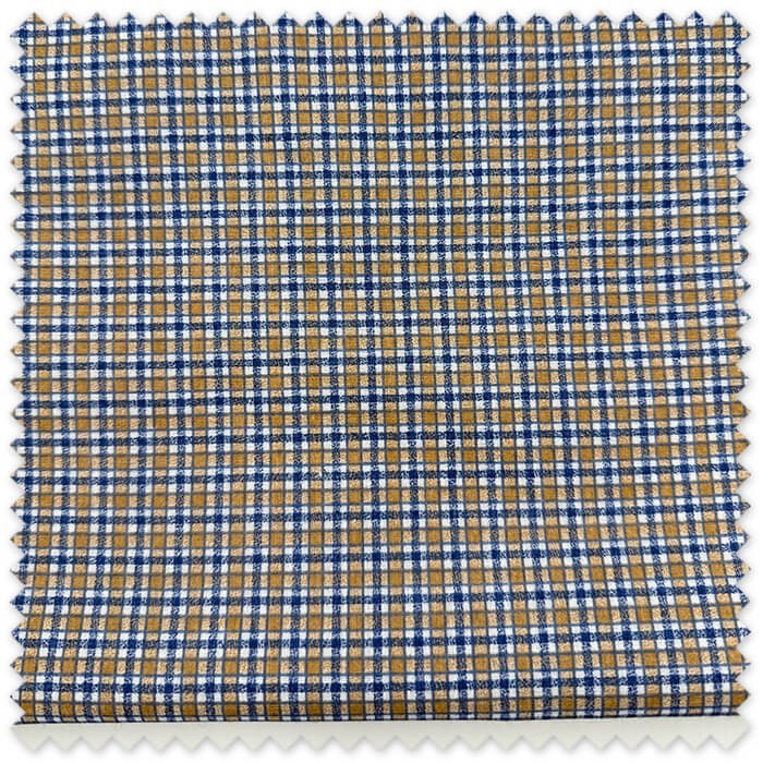 Retal 0,60m de tela popelín con estampado de cuadros marrones y azules para costura creativa y confección.