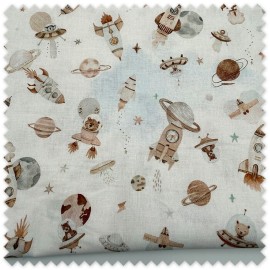 Retal 0,60m de algodón 100% Espacio Tonos Tierra con estampado de animales astronautas, cohetes, planetas y estrellas.