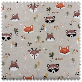Retal 0,85m de algodón 100% con estampado infantil de animales sobre fondo beige para costura y confección.