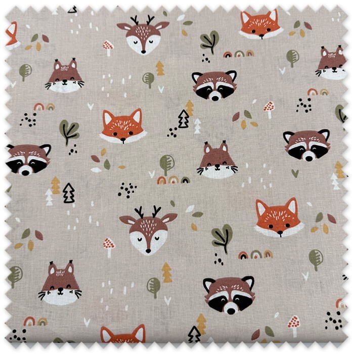 Retal 0,85m de algodón 100% con estampado infantil de animales sobre fondo beige para costura y confección.