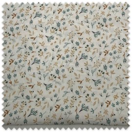 Retal 0,55m de tela de algodón 100% con estampado de flores y hojas en tonos azules y camel para costura creativa.
