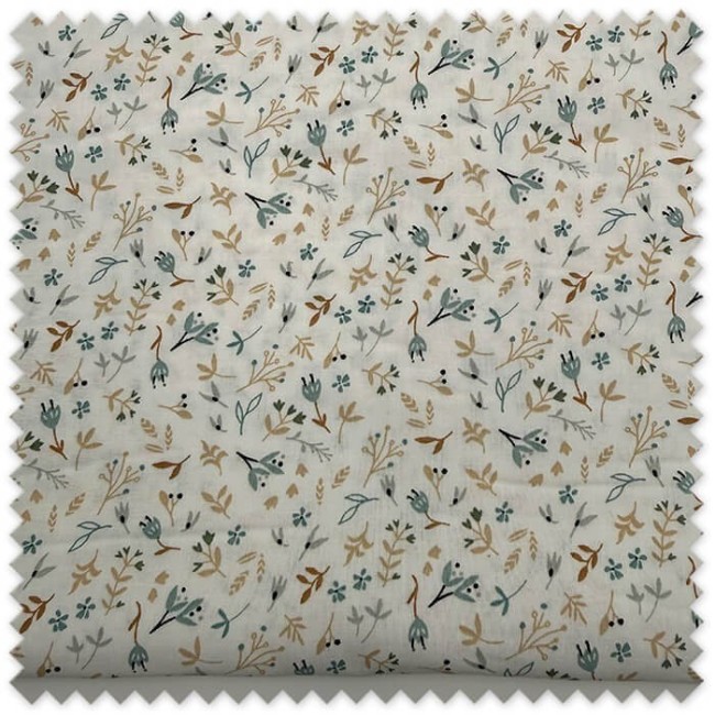 Retal 0,55m de tela de algodón 100% con estampado de flores y hojas en tonos azules y camel para costura creativa.