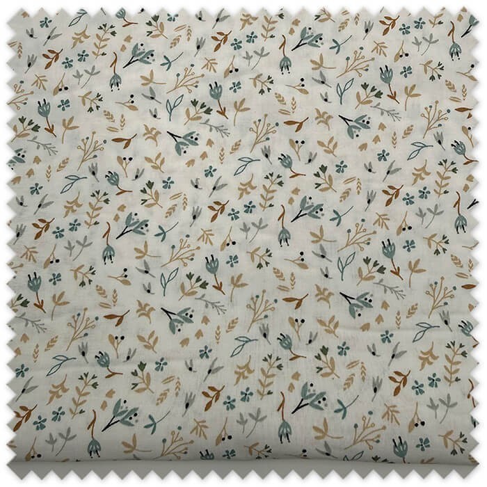 Retal 0,55m de tela de algodón 100% con estampado de flores y hojas en tonos azules y camel para costura creativa.