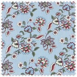 Tela de algodón 100% con estampado de flores ornamentales sobre fondo de rayas azules para confección y decoración textil.