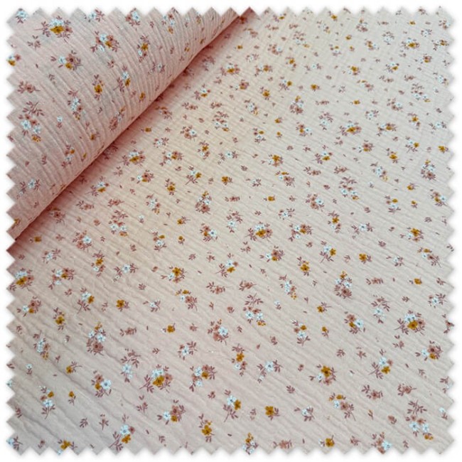 Tela doble gasa de flores con fondo rosa para confección de vestidos, blusas, ropa infantil y complementos textiles.
