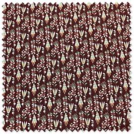 Tela de algodón 100% con flores étnicas fondo granate, ancho de 1,50 metros, para confección infantil, moda y costura creativa.