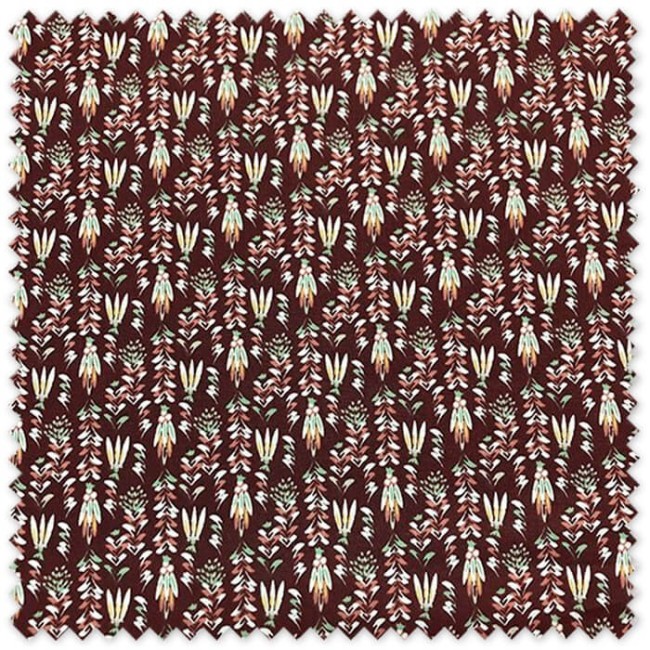 Tela de algodón 100% con flores étnicas fondo granate, ancho de 1,50 metros, para confección infantil, moda y costura creativa.