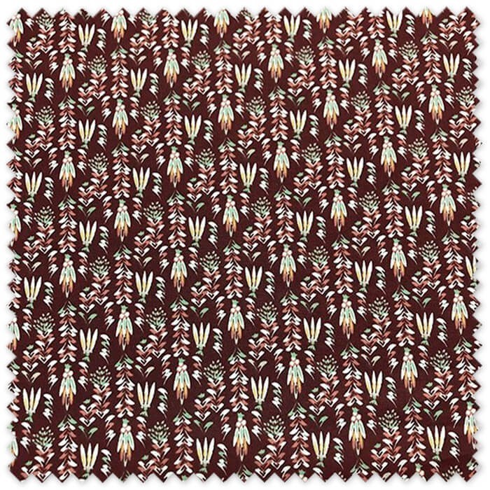 Tela de algodón 100% con flores étnicas fondo granate, ancho de 1,50 metros, para confección infantil, moda y costura creativa.
