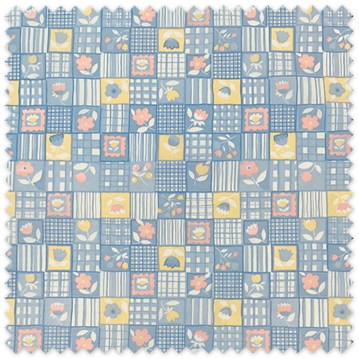 Tela popelín estampada de cuadrados y flores azules en oferta para confección, accesorios y proyectos de costura creativa.