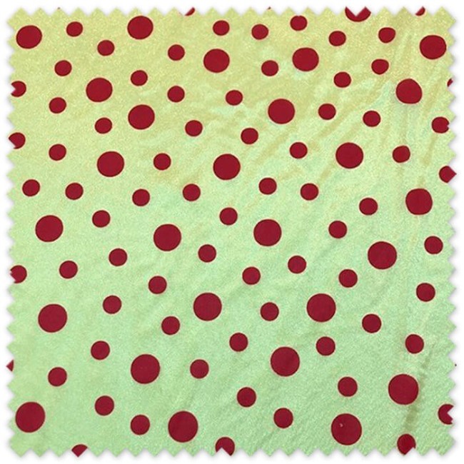 Tela rasete amarilla con lunares rojos, ideal para disfraces de Carnaval, vestuario festivo, decoración y manualidades.