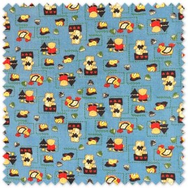 Tela popelín infantil con ositos sobre fondo azul para confección de ropa de bebé, canastillas y complementos textiles.