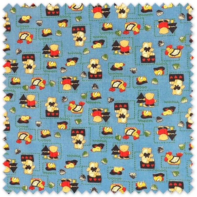 Tela popelín infantil con ositos sobre fondo azul para confección de ropa de bebé, canastillas y complementos textiles.
