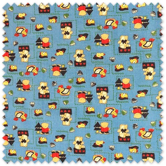 Tela popelín infantil con ositos sobre fondo azul para confección de ropa de bebé, canastillas y complementos textiles.