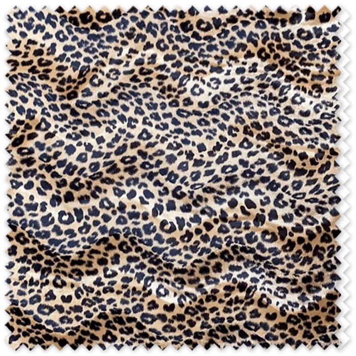 Tela de terciopelo animal print de leopardo con efecto aguas y pelo corto para disfraces, confección y decoración.