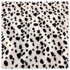 Tela Animal Print Dálmata de terciopelo con fondo blanco y manchas negras, ideal para disfraces, confección y decoración.