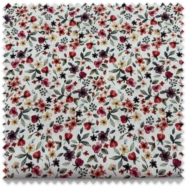 Retal de algodón 100% con estampado de flores efecto acuarela en tonos morado, rojo y mostaza para costura creativa y patchwork.