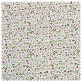 Tela popelín estampada de flores y hojas en tonos fucsia y rosa para confección de prendas, accesorios y costura creativa.
