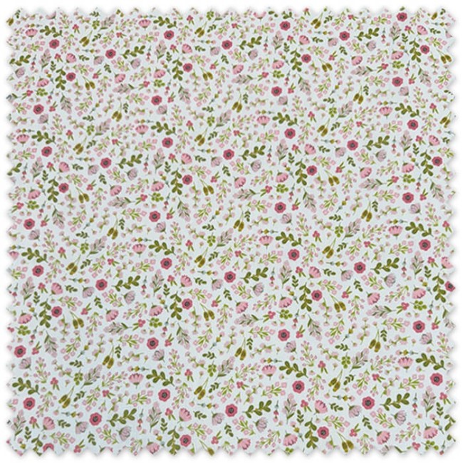 Tela popelín estampada de flores y hojas en tonos fucsia y rosa para confección de prendas, accesorios y costura creativa.
