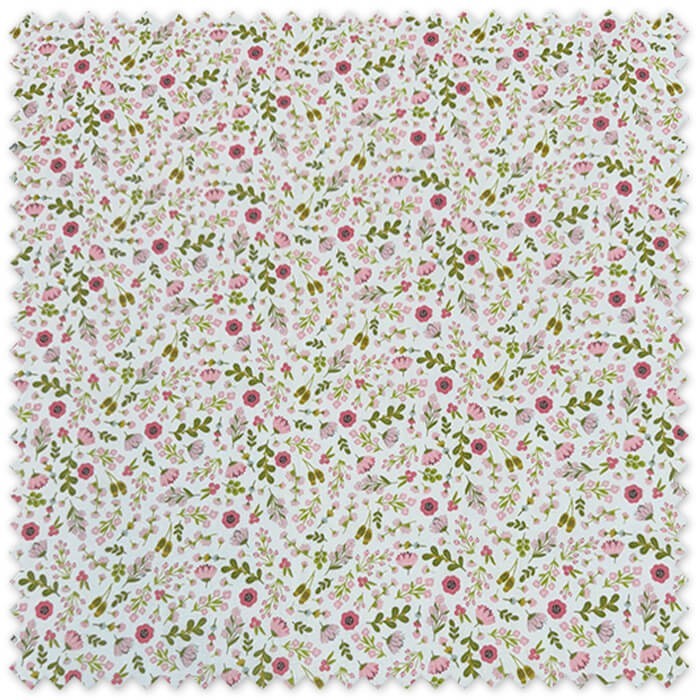 Tela popelín estampada de flores y hojas en tonos fucsia y rosa para confección de prendas, accesorios y costura creativa.