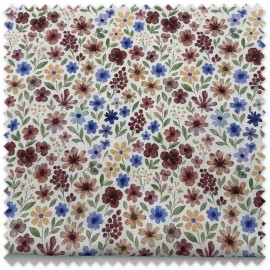 Retal de algodón 100% de 0,85 metros con flores efecto acuarela en tonos vino, azul y vainilla