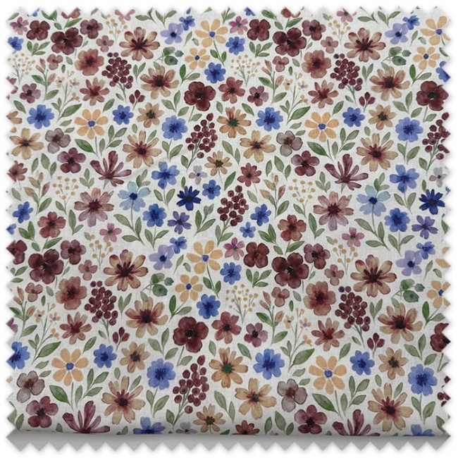 Retal de algodón 100% de 0,85 metros con flores efecto acuarela en tonos vino, azul y vainilla