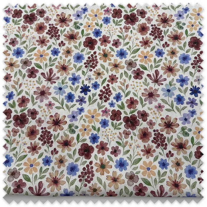 Retal de algodón 100% de 0,85 metros con flores efecto acuarela en tonos vino, azul y vainilla