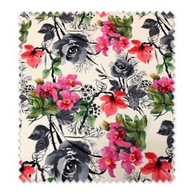 Tela bioelástica flamenca flores color blanco y negro para traje de flamenca