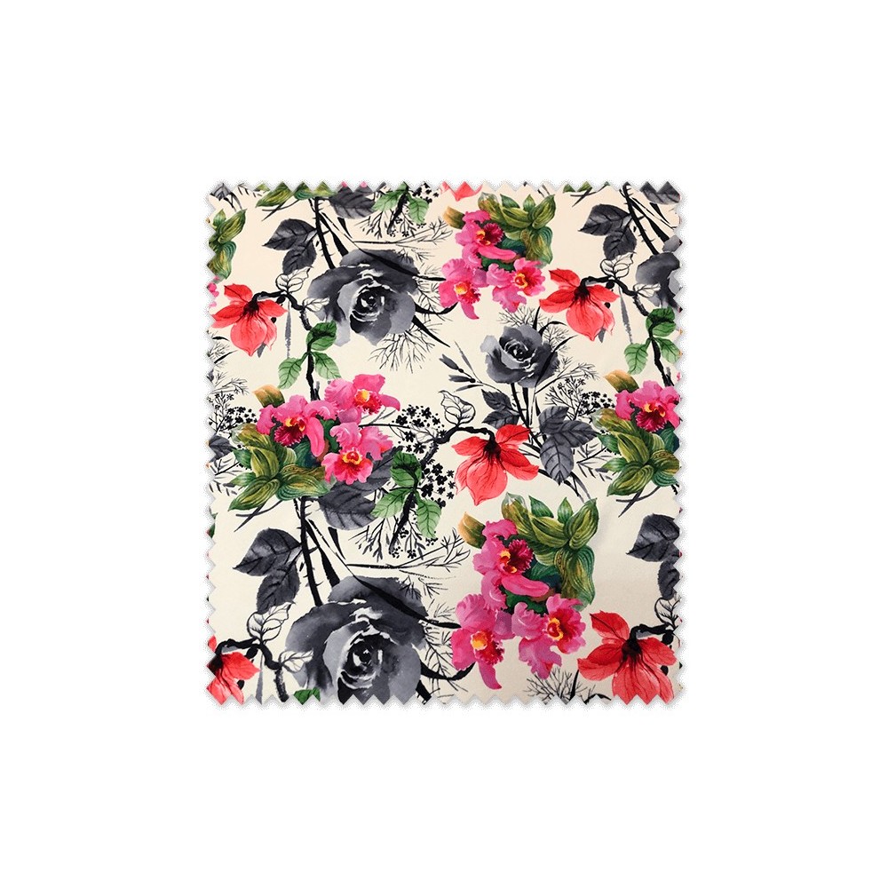 Tela bioelástica flamenca flores color blanco y negro para traje de flamenca