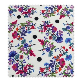 Tela bioelástica flamenca flores moradas fucsias y azules para traje de flamenca