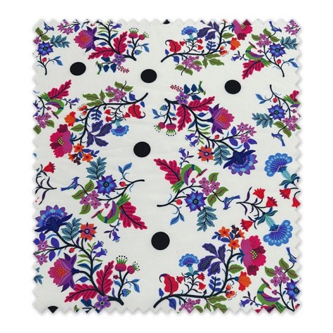 Tela bioelástica flamenca flores moradas fucsias y azules para traje de flamenca