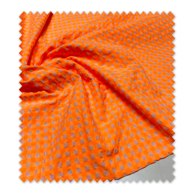 Cuadro vichy seersucker naranja flúor – Tela ligera con textura arrugada