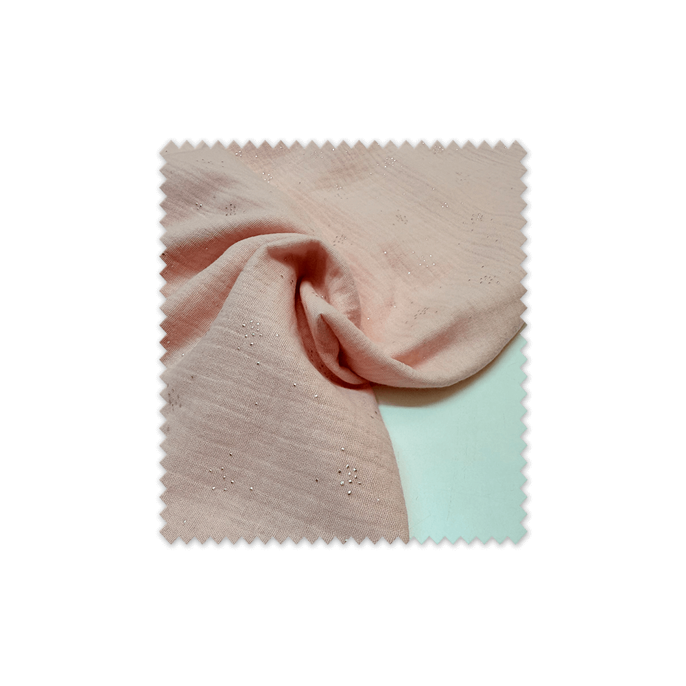 Tela doble gasa rosa bebé con motas de lurex – delicada y suave | Venta de telas Online